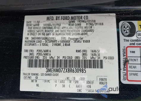 2008 Mercury Milan I4 from USA, damaged, VIN 3MEHM07ZX8R630985